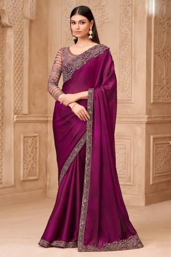 Wine satin georgette embroidered saree with unstitched blouse piece