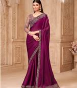 Wine satin georgette embroidered saree with unstitched blouse piece