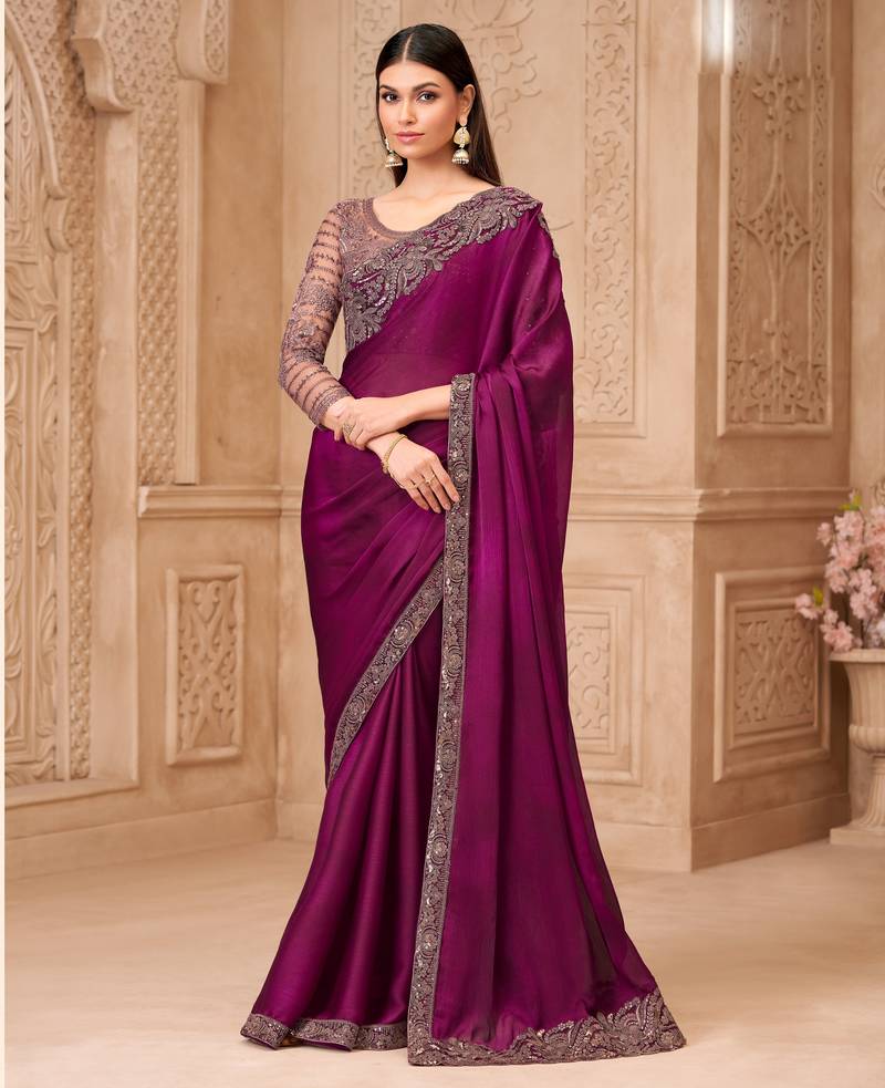 Wine satin georgette embroidered saree with unstitched blouse piece