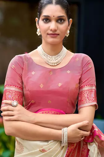 Off white pink pink silk blend with woven saree with unstitched blouse piece