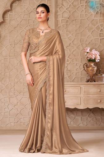 Beige satin georgette embroidered saree with unstitched blouse piece