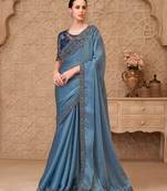 Blue satin embroidered saree with unstitched blouse piece