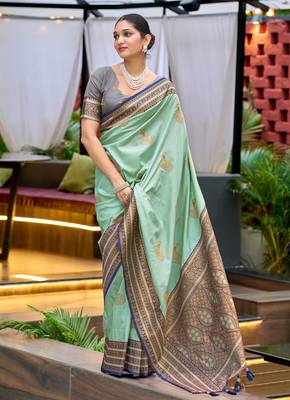 Teal green silk blend with woven saree with unstitched blouse piece 2