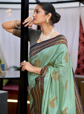 Teal green silk blend with woven saree with unstitched blouse piece 3