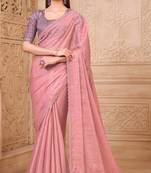Pink satin georgette embroidered saree with unstitched blouse piece