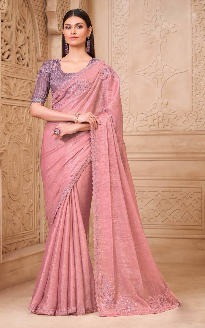 Pink satin georgette embroidered saree with unstitched blouse piece