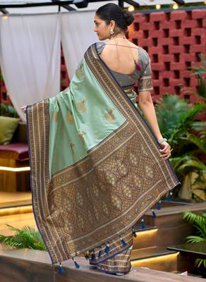 Teal green silk blend with woven saree with unstitched blouse piece 4