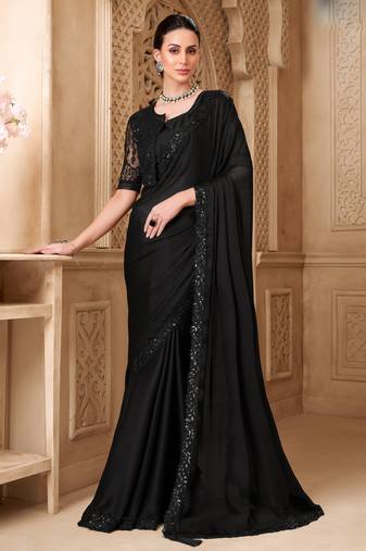 Black satin georgette embroidered saree with unstitched blouse piece