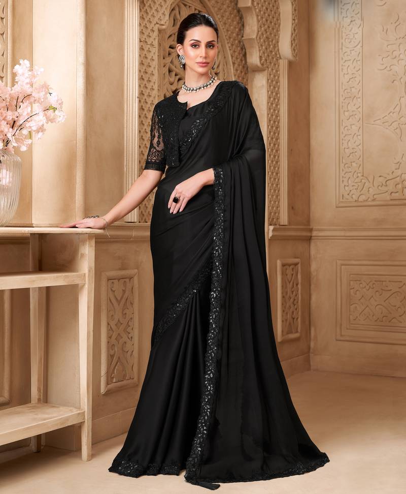 Black satin georgette embroidered saree with unstitched blouse piece