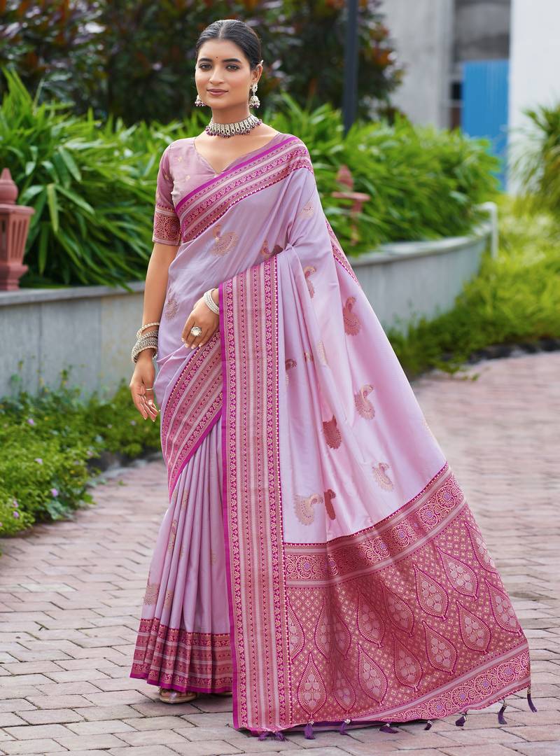 Lavender soft silk blend with woven work designer party wear festive saree with unstitched blouse piece