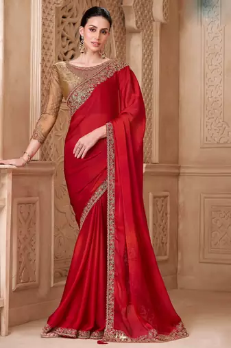 Red satin silk blend embroidered saree with unstitched blouse piece