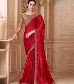 Red satin silk blend embroidered saree with unstitched blouse piece