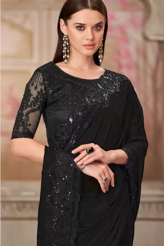 Black soft silk blend embroidered saree with unstitched blouse piece
