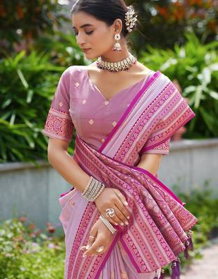 Lavender silk blend with woven saree with unstitched blouse piece 3