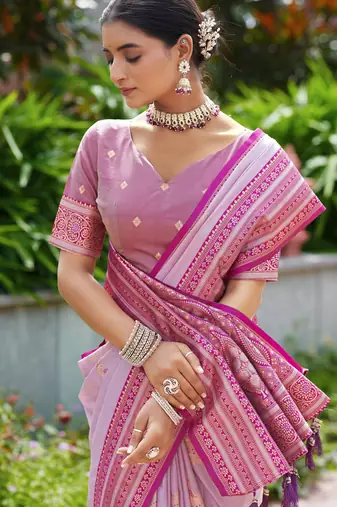 Lavender silk blend with woven saree with unstitched blouse piece