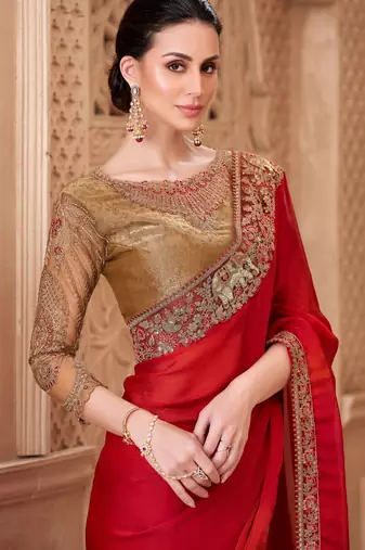 Red satin silk blend embroidered saree with unstitched blouse piece