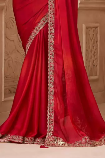 Red satin silk blend embroidered saree with unstitched blouse piece