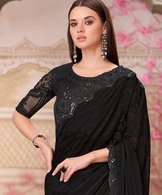 Black soft silk blend embroidered saree with unstitched blouse piece 4
