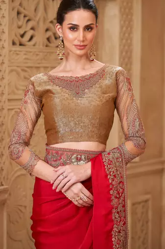 Red satin silk blend embroidered saree with unstitched blouse piece