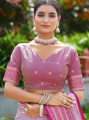 Lavender silk blend with woven saree with unstitched blouse piece 5