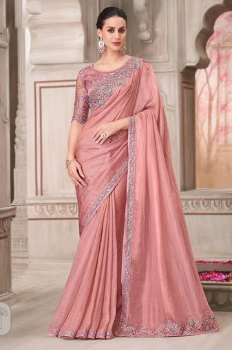 Pink soft silk blend embroidered saree with unstitched blouse piece