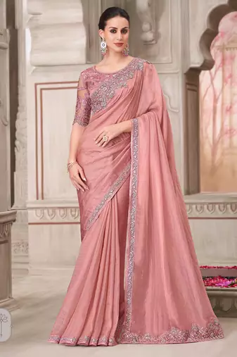 Pink soft silk blend embroidered saree with unstitched blouse piece