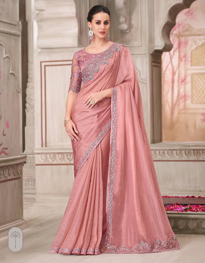 Pink soft silk blend embroidered saree with unstitched blouse piece