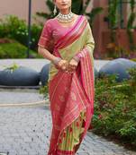 Pista green silk blend with woven saree with unstitched blouse piece