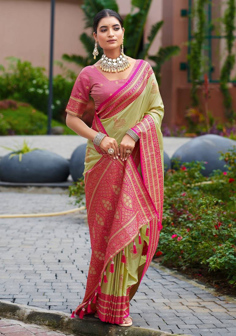 Pista green soft silk blend with woven work designer party wear festive saree with unstitched blouse piece