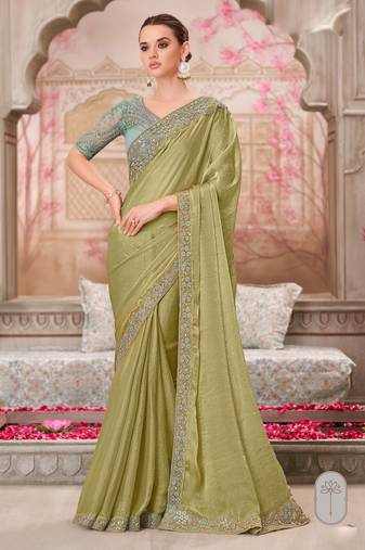 Pista soft silk blend embroidered saree with unstitched blouse piece