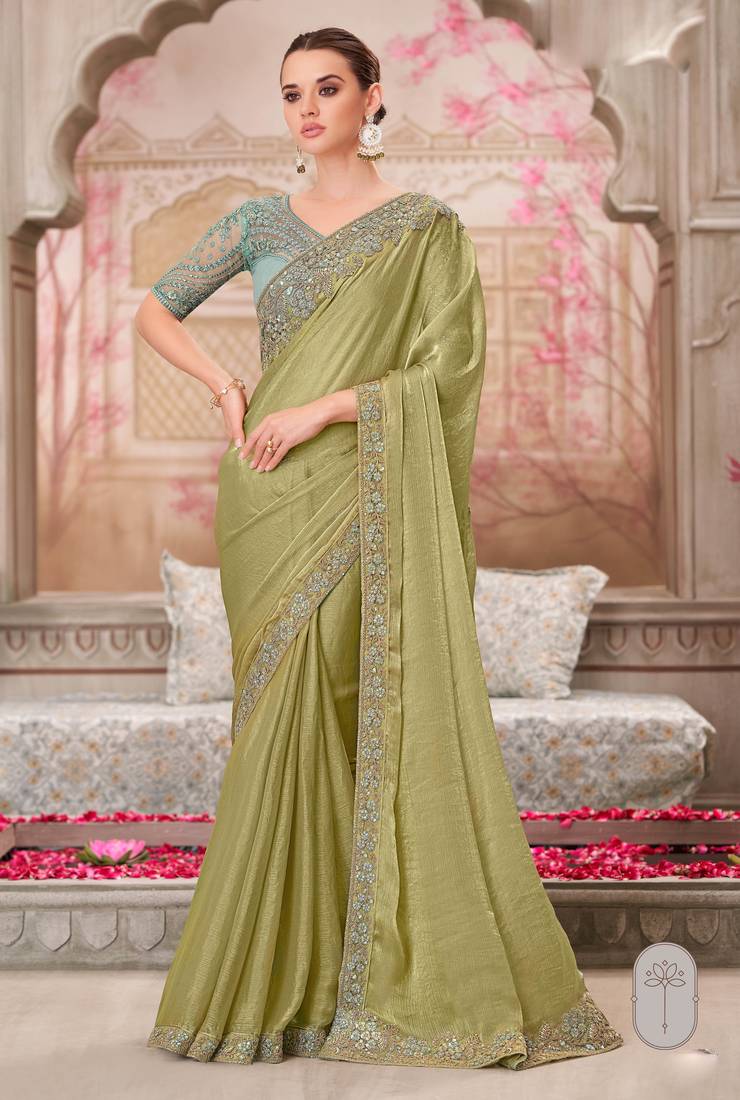 Pista soft silk blend embroidered saree with unstitched blouse piece