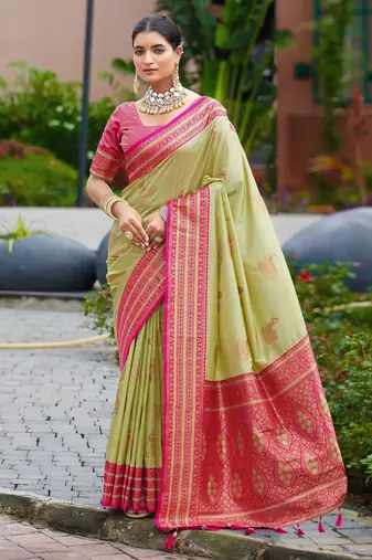 Pista green silk blend with woven saree with unstitched blouse piece