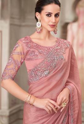 Pink soft silk blend embroidered saree with unstitched blouse piece 2