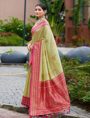 Pista green silk blend with woven saree with unstitched blouse piece 3