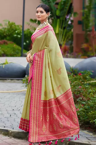 Pista green silk blend with woven saree with unstitched blouse piece