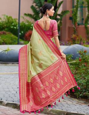 Pista green silk blend with woven saree with unstitched blouse piece 4