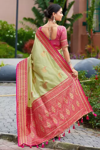 Pista green silk blend with woven saree with unstitched blouse piece