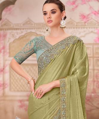 Pista soft silk blend embroidered saree with unstitched blouse piece 4