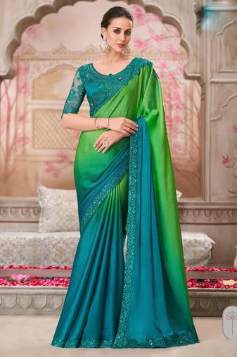 Sea green soft silk blend embroidered saree with unstitched blouse piece