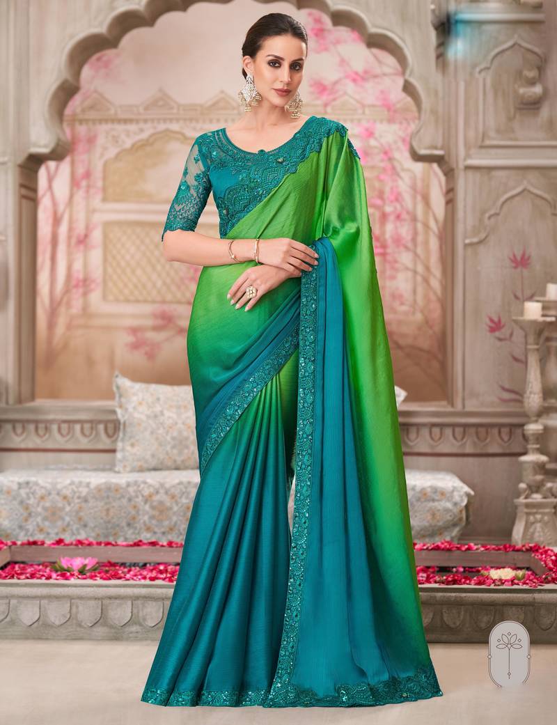 Sea green soft silk blend embroidered saree with unstitched blouse piece