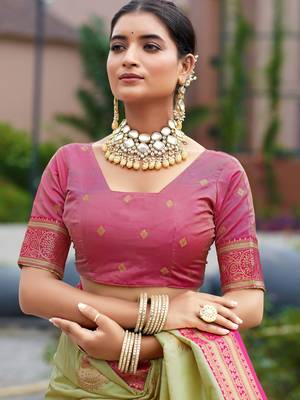 Pista green silk blend with woven saree with unstitched blouse piece 5