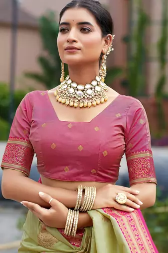 Pista green silk blend with woven saree with unstitched blouse piece