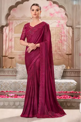Magenta soft silk blend embroidered saree with unstitched blouse piece