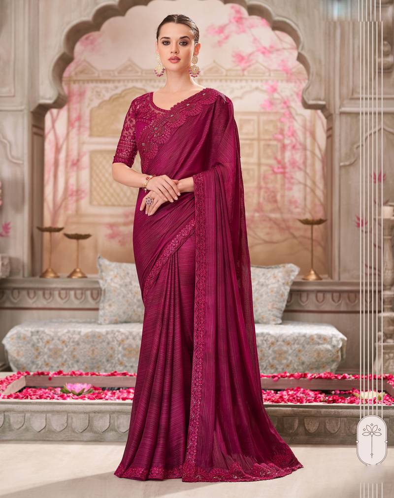 Magenta soft silk blend embroidered saree with unstitched blouse piece