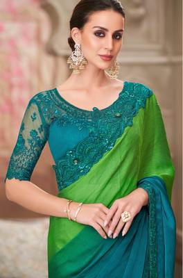 Sea green soft silk blend embroidered saree with unstitched blouse piece 2