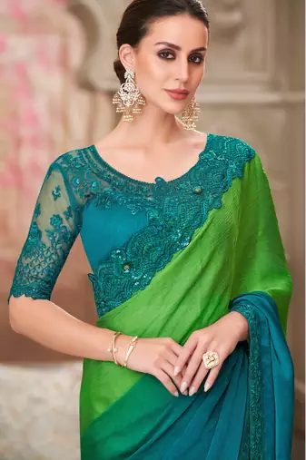 Sea green soft silk blend embroidered saree with unstitched blouse piece