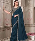 Blue soft silk blend embroidered saree with unstitched blouse piece