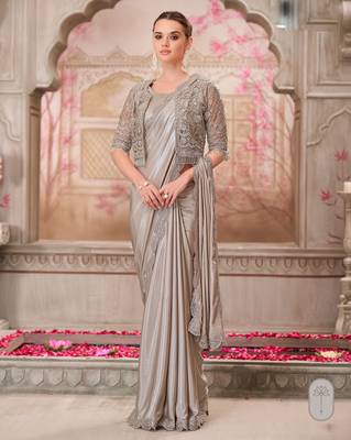 Silver soft silk blend embroidered saree with unstitched blouse piece 1