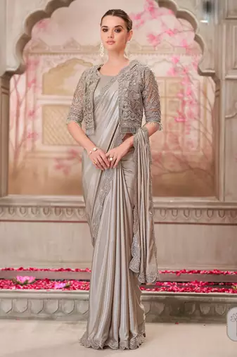Silver soft silk blend embroidered saree with unstitched blouse piece