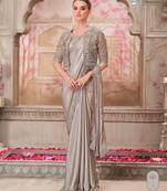 Silver soft silk blend embroidered saree with unstitched blouse piece